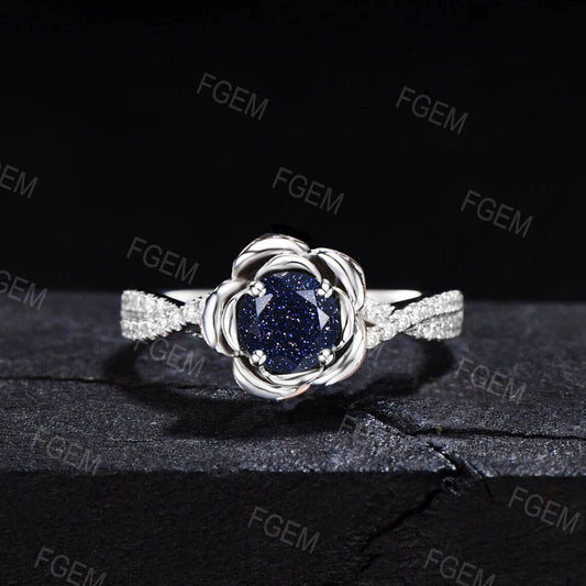 Round Cut Blue Sandstone Engagement Ring Rose Flower Wedding Ring Half Eternity Moissanite Ring Floral Promise Ring Unique Anniversary Gift