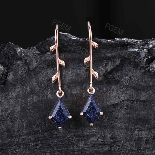 Vintage Kite Galaxy Blue Sandstone Drop Earrings Nature Inspired Blue Goldstone Dangle Earrings Rose Gold Branch Leaf Earrings Wedding Gifts