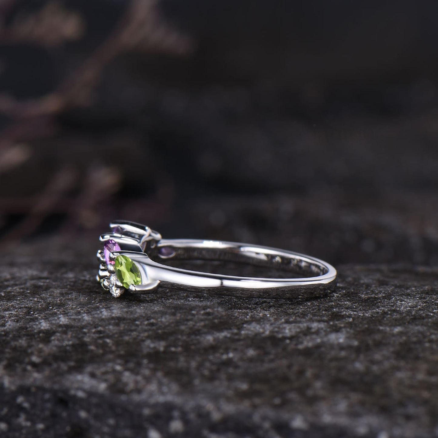 Minimalist Marquise Cut Natural Amethyst Wedding Band Dainty Natural Peridot Cluster Ring Art Deco 14k White Gold Anniversary Gift For Women