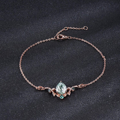 Rose Gold Branch Leaf Bracelet Nature Inspired Wedding Bracelet Pear Shaped Natural Moss Agate Bracelet Boho Bridal Jewelry Proposal Gift