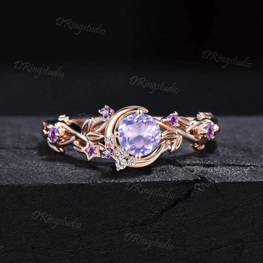 Unique Moon Leaf Wedding Ring 5mm Round Cut Natural Lavender Amethyst Engagement Ring Cluster Amethyst Bridal Promise Ring Anniversary Gift