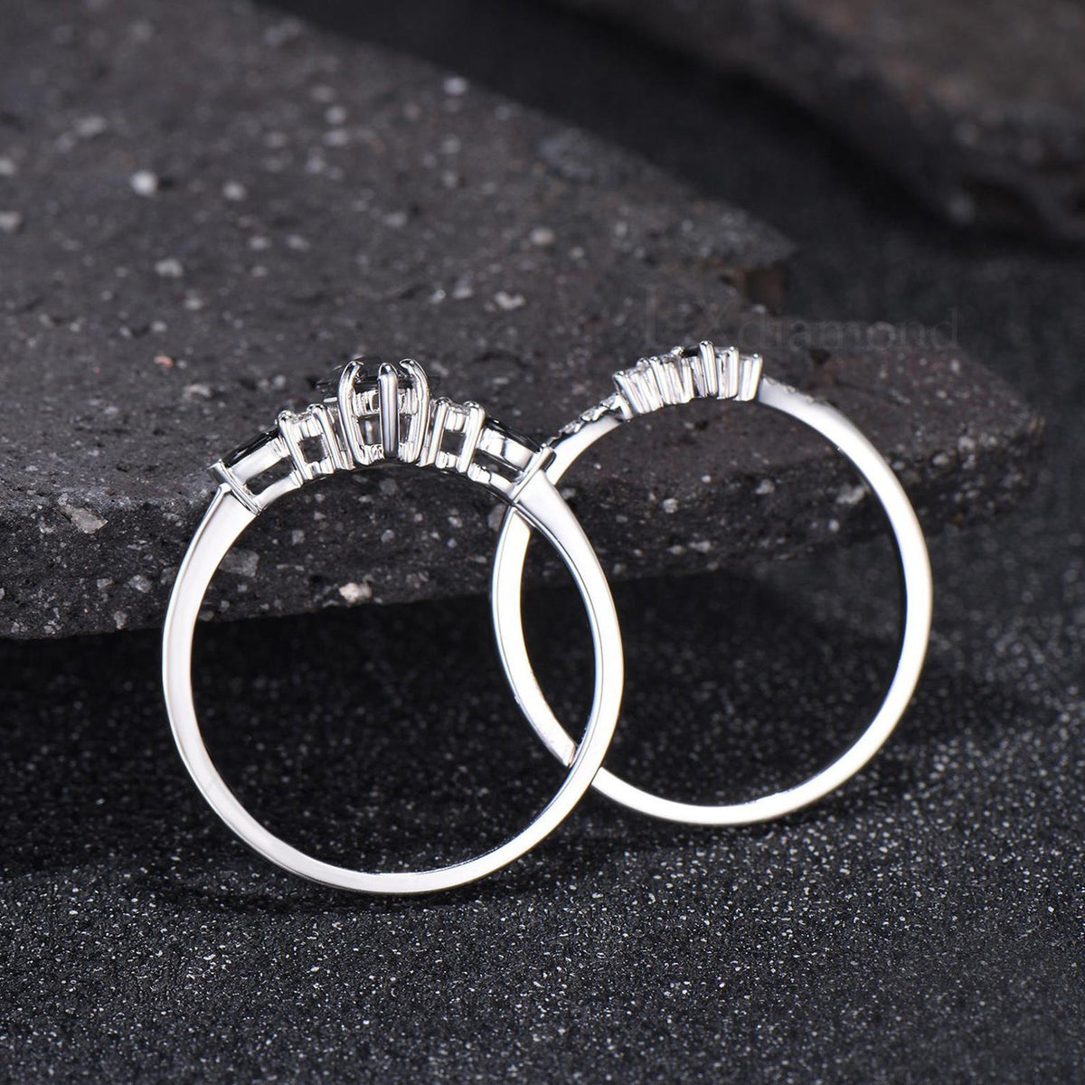 Natural Salt And Pepper Diamond Kite Cut Engagement Ring Set, Black Spinel Wedding Set, 14k White Gold Bridal Set, Gothic Ring For Women
