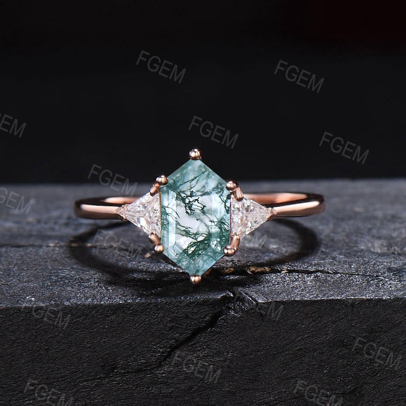 Hexagon Cut Natural Moss Agate Engagement Ring Set Vintage 10K Rose Gold Moss Agate Emerald Wedding Band Unique Anniversary/Birthday Gifts