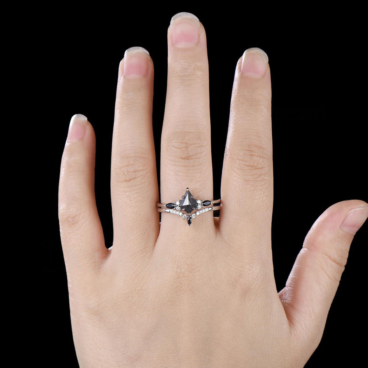 Natural Salt And Pepper Diamond Kite Cut Engagement Ring Set, Black Spinel Wedding Set, 14k White Gold Bridal Set, Gothic Ring For Women