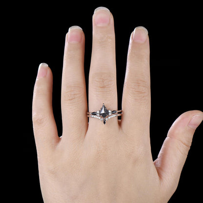Natural Salt And Pepper Diamond Kite Cut Engagement Ring Set, Black Spinel Wedding Set, 14k White Gold Bridal Set, Gothic Ring For Women