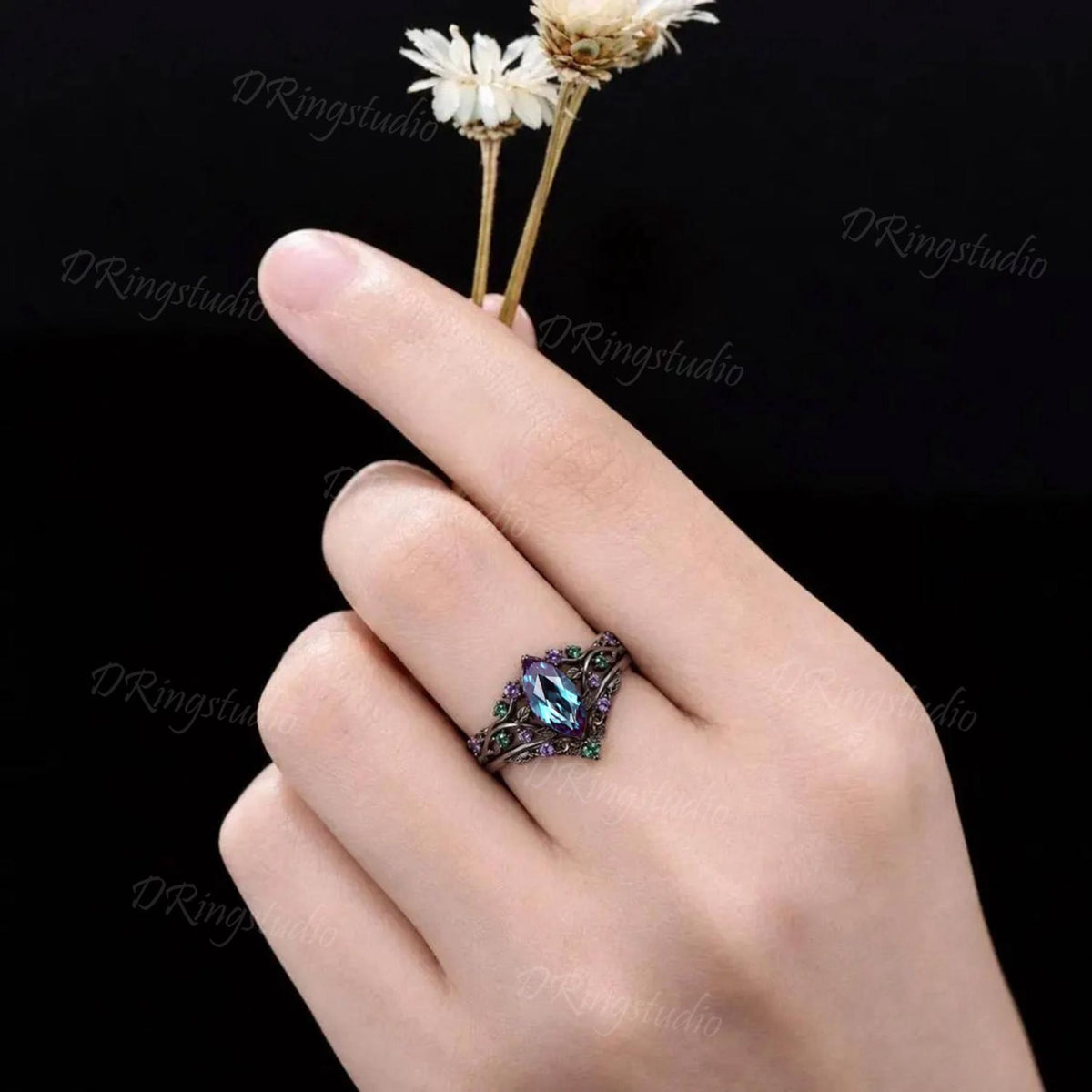 Nature Leaves Vine Marquise Alexandrite Engagement Ring Set Gothic Black Gold Split Shank Wedding Set Amethyst Emerald Cluster Bridal Ring
