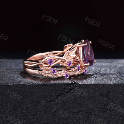 1.25ct Twig Vine Branch Nature Inspired Pear Alexandrite Engagement Ring Set Rose Flower Floral Amethyst Rings Unique June Birthstone Gifts