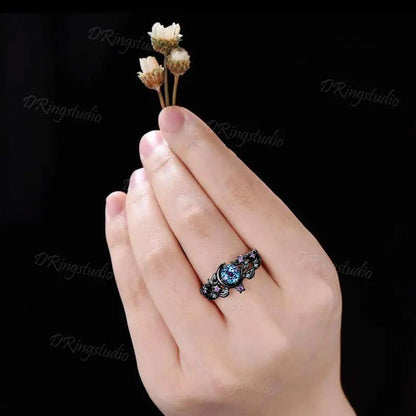 Gothic Black Vine Alexandrite Engagement Ring Celestial Moon Round Alexandrite Wedding Ring Set Black Gold Twig Ring Proposal Gift for Women