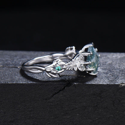 White Gold Butterfly Ring Unique Princess Cut Natural Moss Agate Engagement Ring Hollow Butterfly Aquatic Agate Ring Proposal Gifts For Her