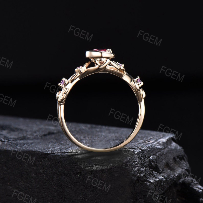 Moon Star Design 5mm Ruby Opal Jewelry 10K Yellow Gold Nature Inspired Red Ruby Promise Ring Anniversary Ring For Women July Birthstone Gift