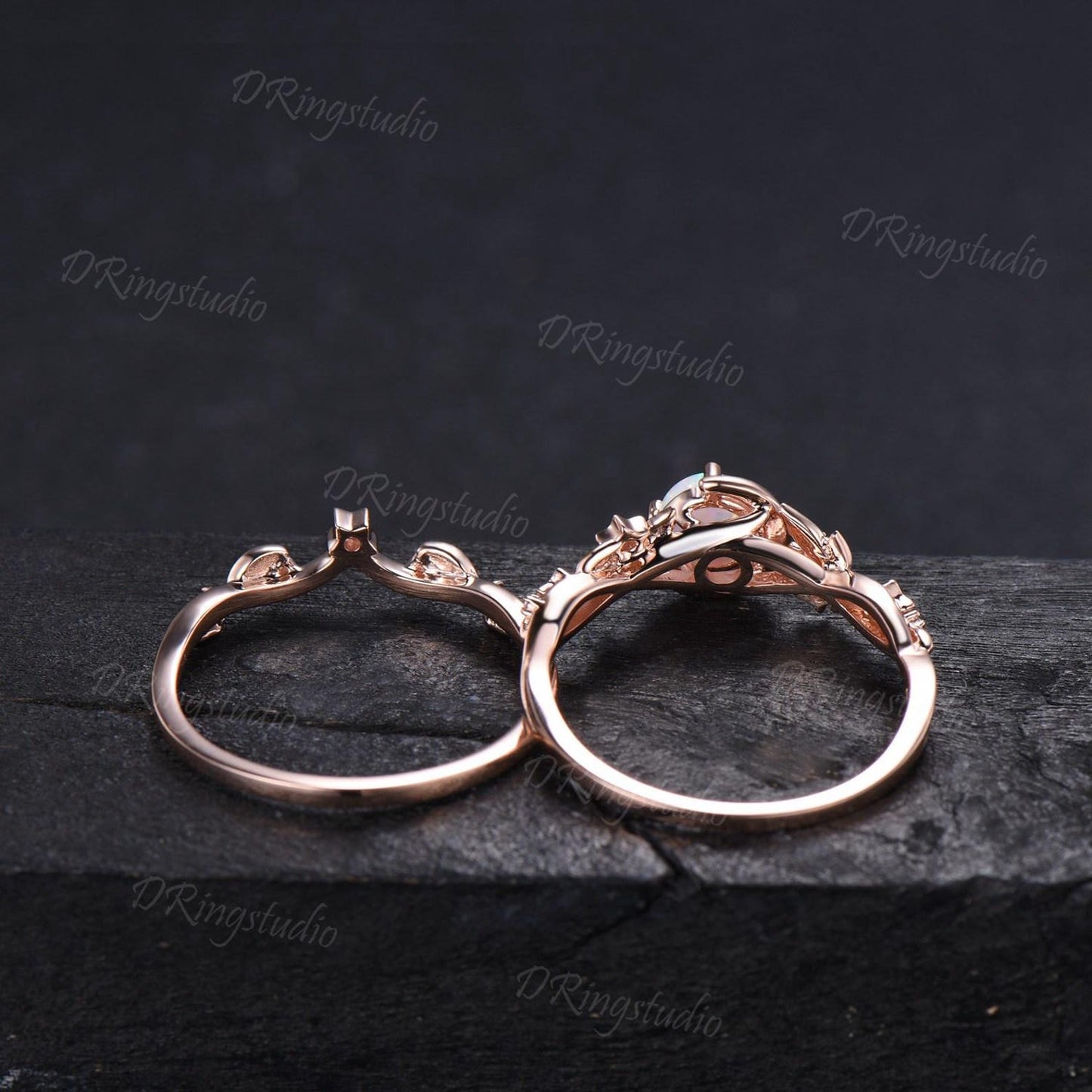 Nature Inspired Round White Opal Bridal Ring Set Moissanite Cluster Moon Star Rose Gold Engagement Ring Leaf Vine Crescent Moon Ring for Her