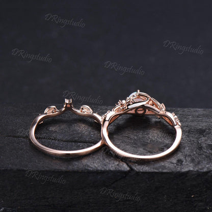 Nature Inspired Round White Opal Bridal Ring Set Moissanite Cluster Moon Star Rose Gold Engagement Ring Leaf Vine Crescent Moon Ring for Her