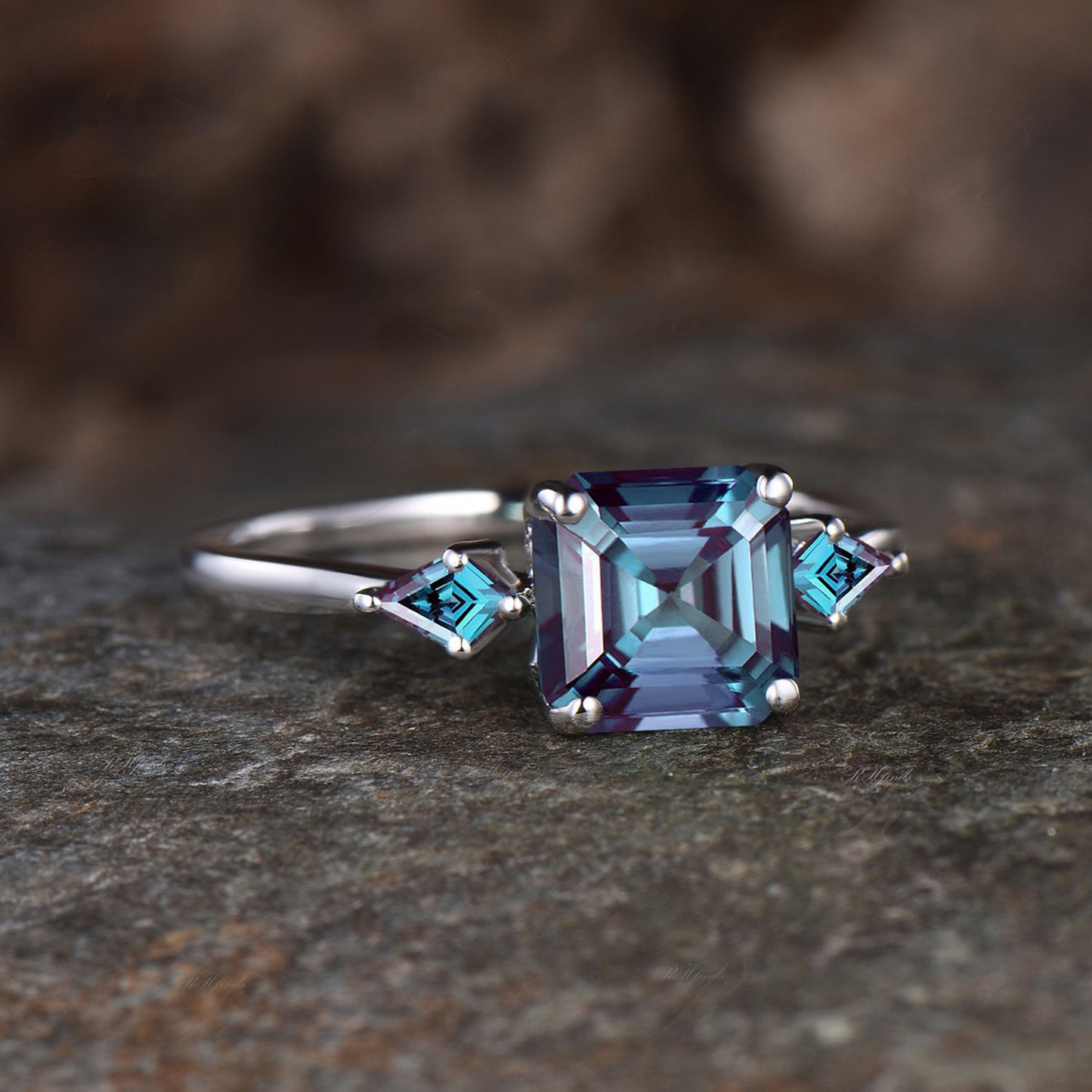 Asscher Cut Alexandrite Engagement Ring June Birthstone Color Change Alexandrite Wedding Ring Art Deco 925 Sterling Silver Three Stone Ring