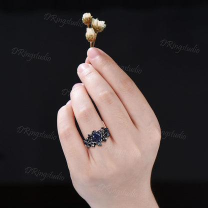 Celestial Moon Round Blue Sandstone Engagement Ring Set Nature Inspired Star Leaf Sapphire Promise Ring Black Gold Nebula Ring for Women