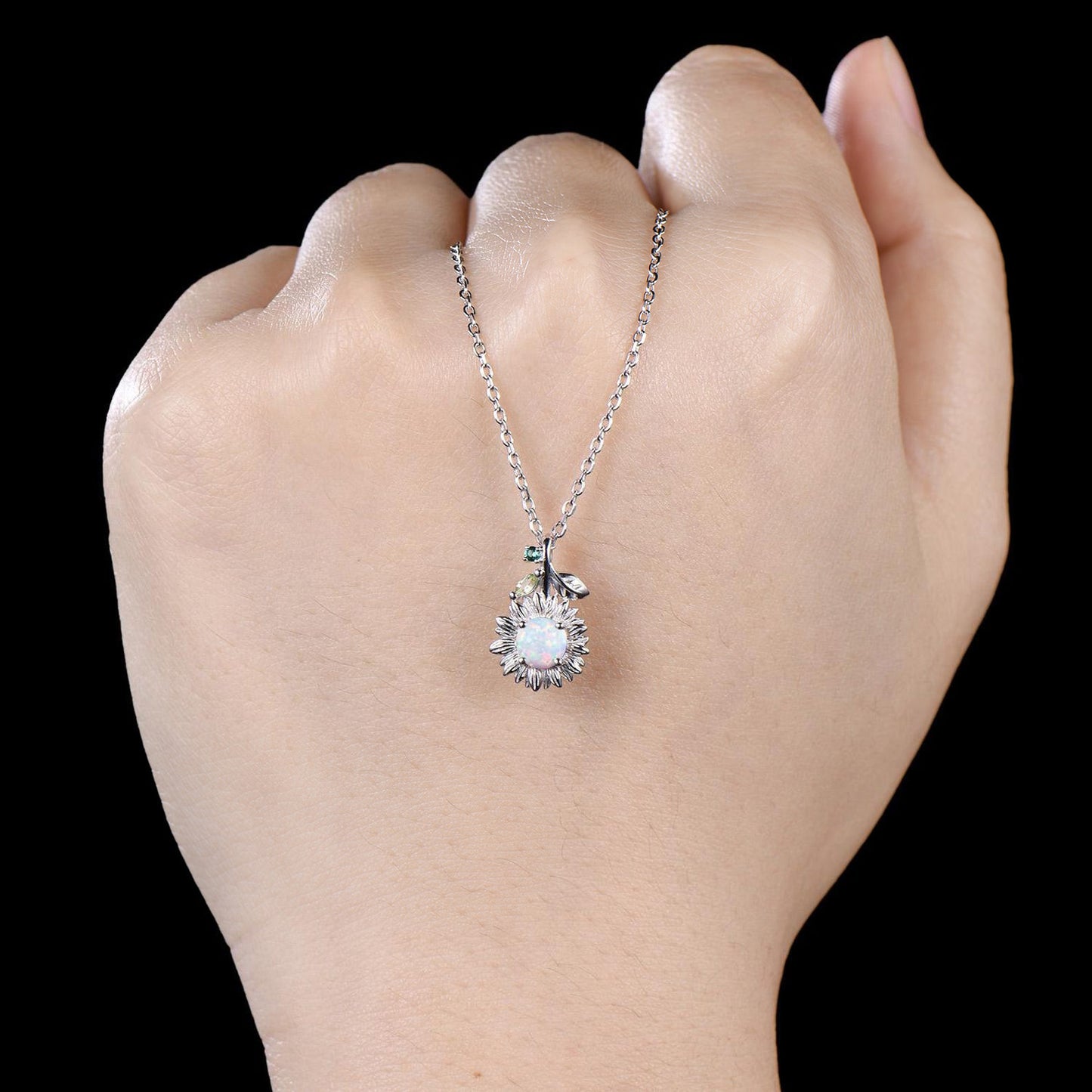 Vintage White Opal Sunflower Necklace Round Cut Fire Opal With Emerald Peridot Leaf Floral Pendant Dainty October Birthstone Jewelry Gift