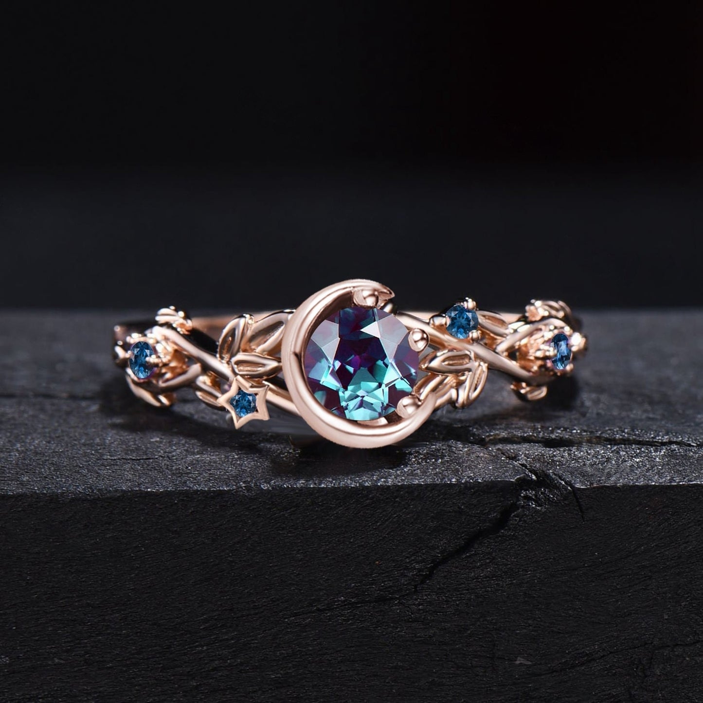 Nature Inspired Color-Change Alexandrite Amethyst Engagement Ring Moon Star Design Round Alexandrite Ring Branch Leaf Amethyst Wedding Ring