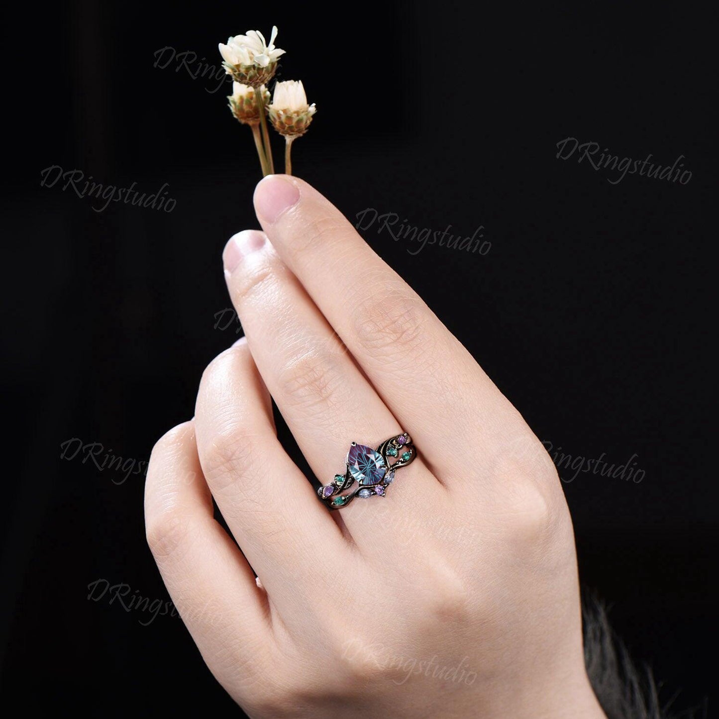 1.25CT Fireworks Cut Color-Change Alexandrite Black Gold Wedding Ring Set Pear Cut Engagement Rings Twig Vine Emerald Amethyst Bridal Set