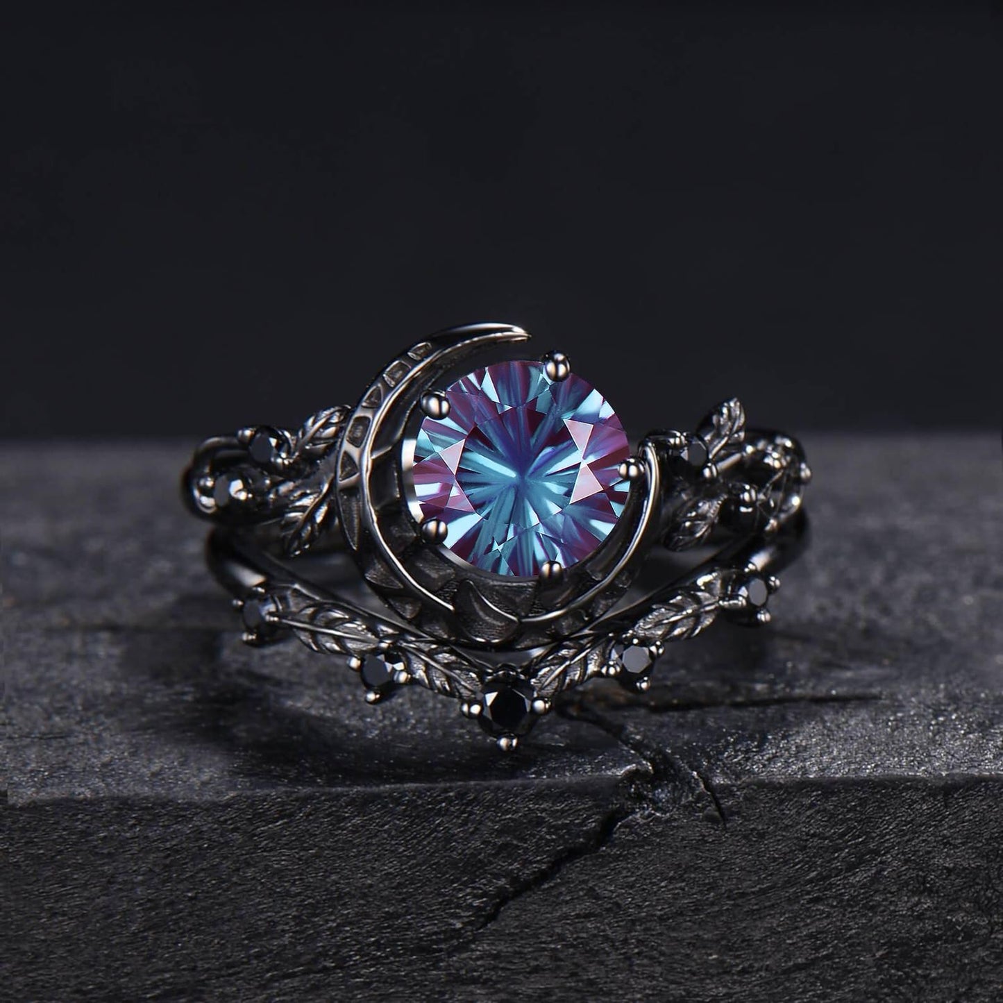 1ct Fireworks Cut Color-Change Alexandrite Black Moon Bridal Ring Set Black Gold leaf Vine Black Spinel Round Engagement Ring Gift for Women