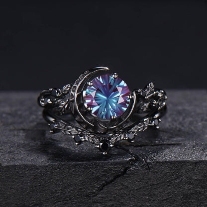 1ct Fireworks Cut Color-Change Alexandrite Black Moon Bridal Ring Set Black Gold leaf Vine Black Spinel Round Engagement Ring Gift for Women