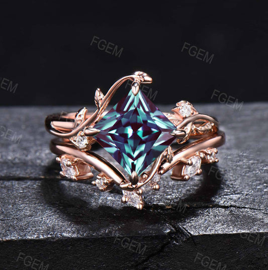 7mm Princess Cut Color-Change Alexandrite Moissanite Ring Set Nature Inspired Branch Leaf Alexandrite Engagement Ring Anniversary Gift for Women