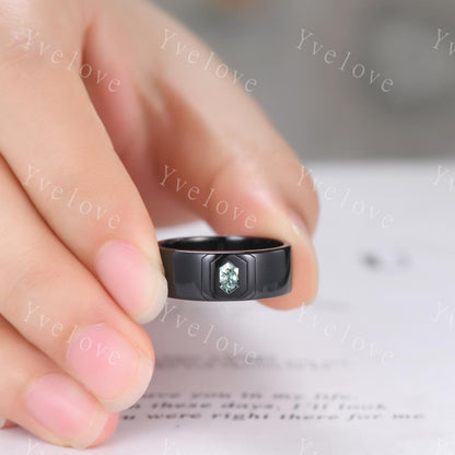 7mm Black Gold Mens Hexagon Moss Agate Wedding Band Nature Inspired Green Agate Engagement Ring Plain Band Mens Stacking Band Promise Ring