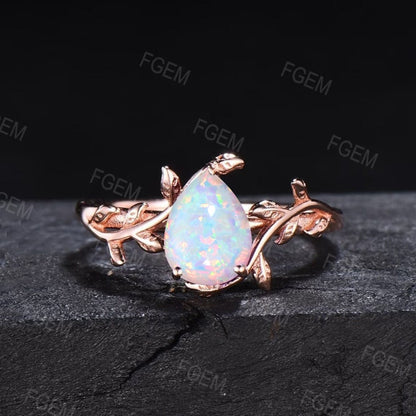 Nature Inspired Leaf Opal Ring Sterling Silver White Opal Ring for Women 1ct Round Cut Opal Engagement Ring October Birthstone Birthday Gift