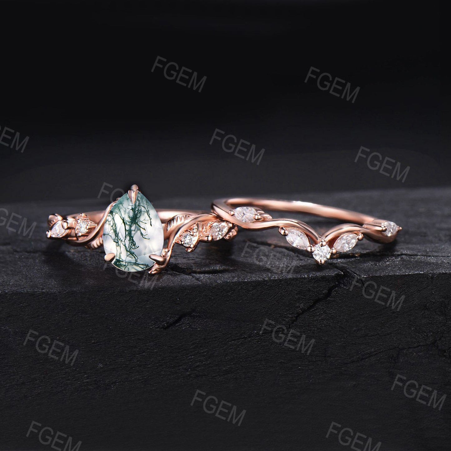 Pear Shape Natural Moss Agate Ring Set 10K Rose Gold Vintage Branch Twist Moissanite Ring Nature Inspired Moss Wedding Ring Anniversary Gift
