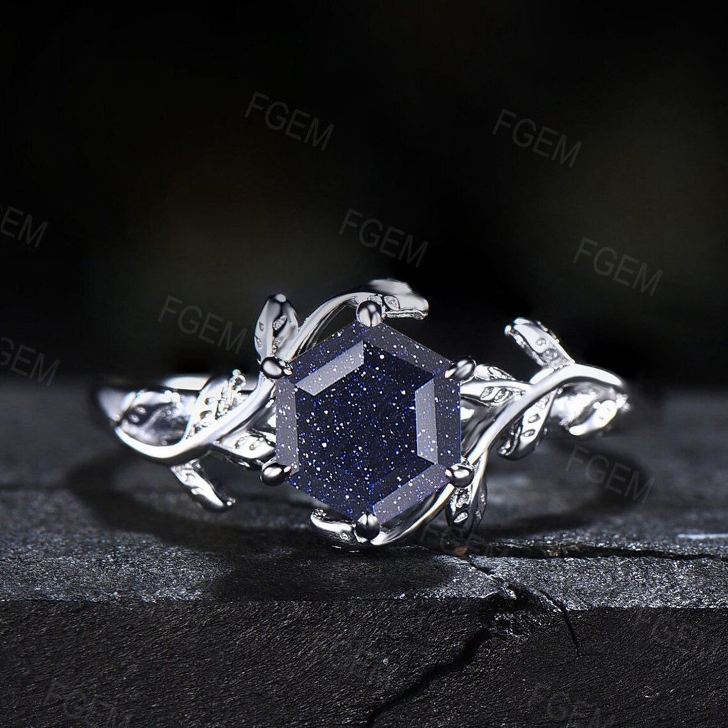 1ct Hexagon Galaxy Blue Sandstone Bridal Set 10K White Gold Nature Inspired Twig Leaf Blue Goldstone Ring Celtic Trinity Knot Wedding Ring