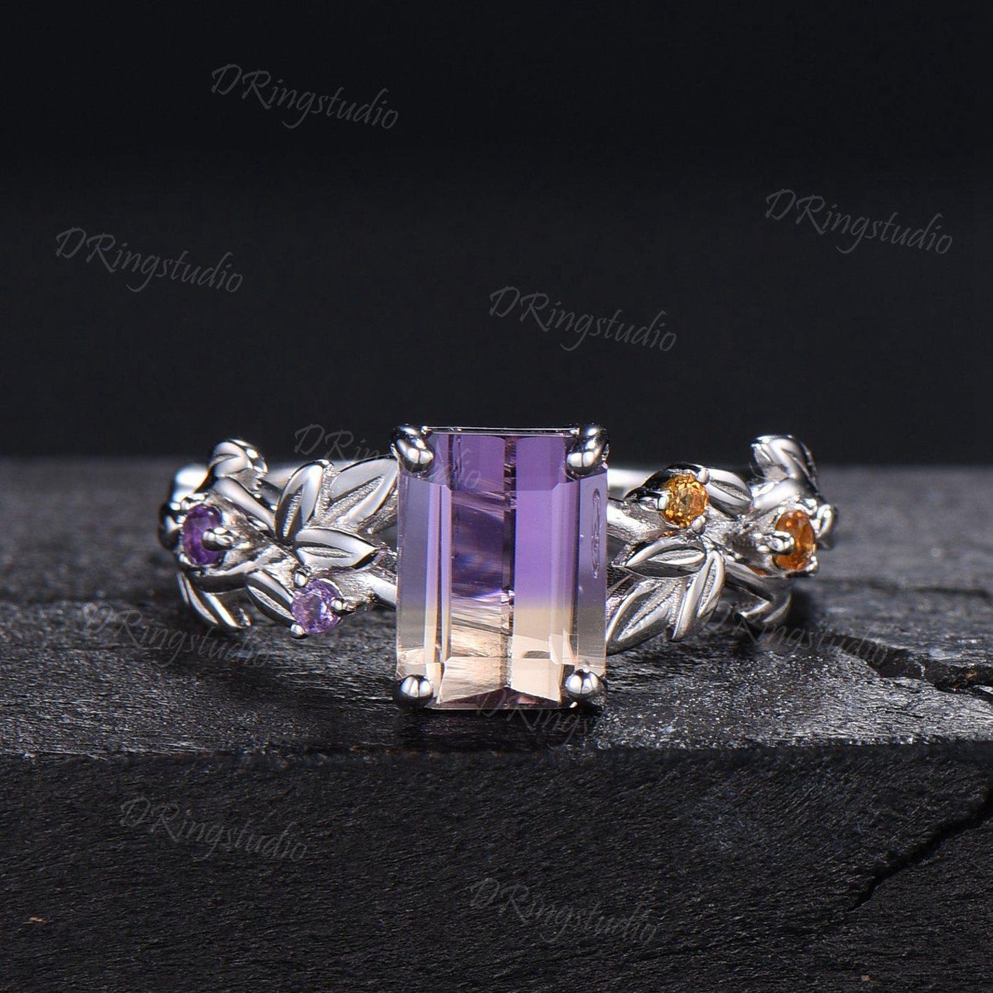 Nature Inspired Emerald Cut Ametrine Engagement Ring 925 Sterling Silver Branch Leaf Amethyst Citrine Bridal Ring Bio Color Ametrine Ring