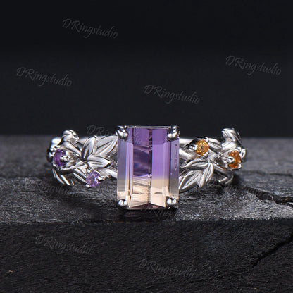 Nature Inspired Emerald Cut Ametrine Engagement Ring 925 Sterling Silver Branch Leaf Amethyst Citrine Bridal Ring Bio Color Ametrine Ring