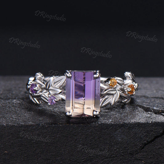 Nature Inspired Emerald Cut Ametrine Engagement Ring 925 Sterling Silver Branch Leaf Amethyst Citrine Bridal Ring Bio Color Ametrine Ring