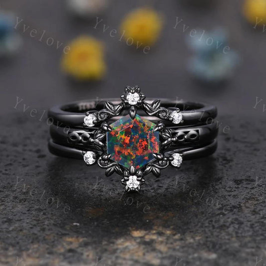 Hexagon Shaped Black Fire Opal Engagement Ring Set Black Silver Band Vintage Opal Wedding Ring Enhancer Band Art Deco Bridal Set For Women