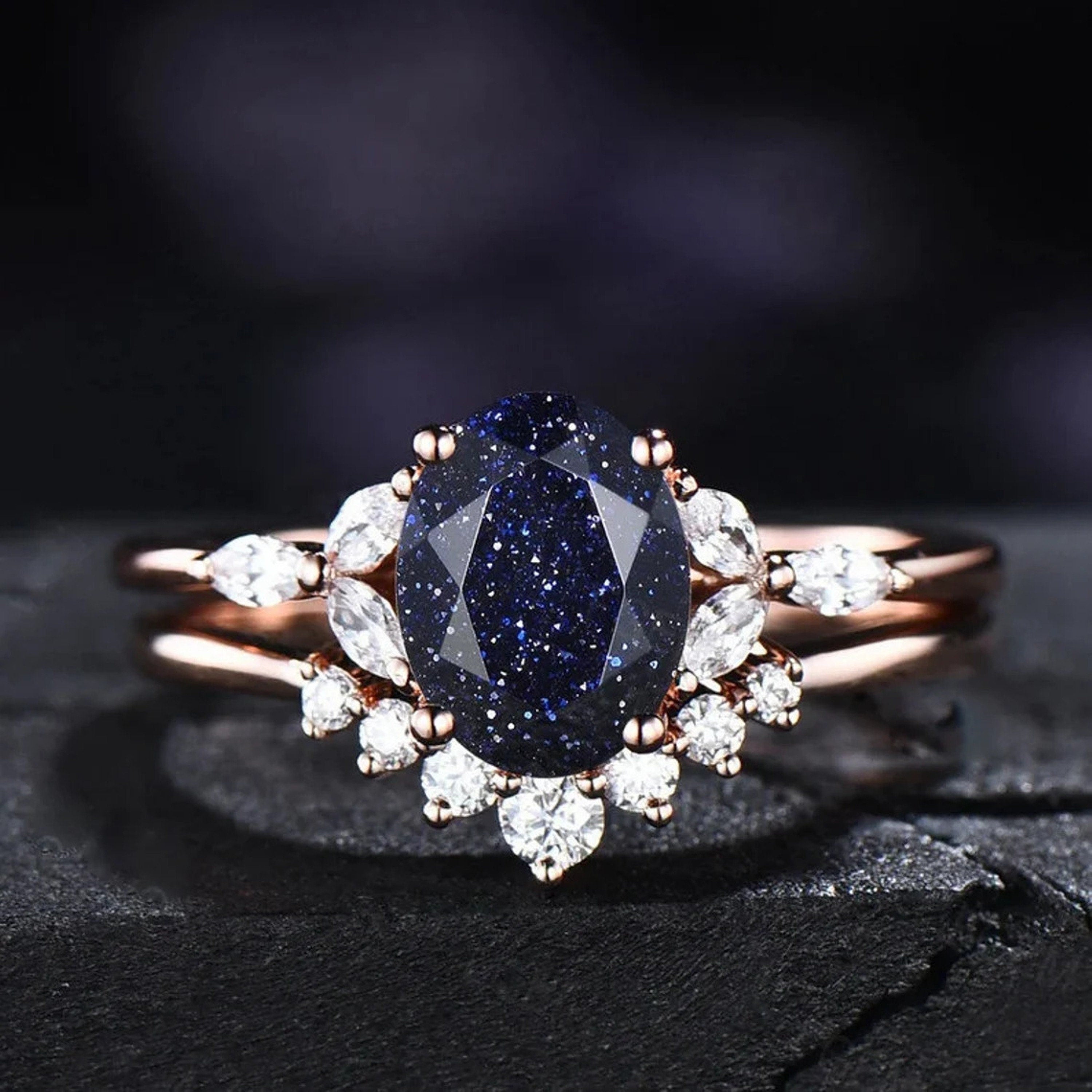 1.5CT Oval Star Blue Sandstone Ring Galaxy Blue Crystal Cluster Sapphi –  PENFINE