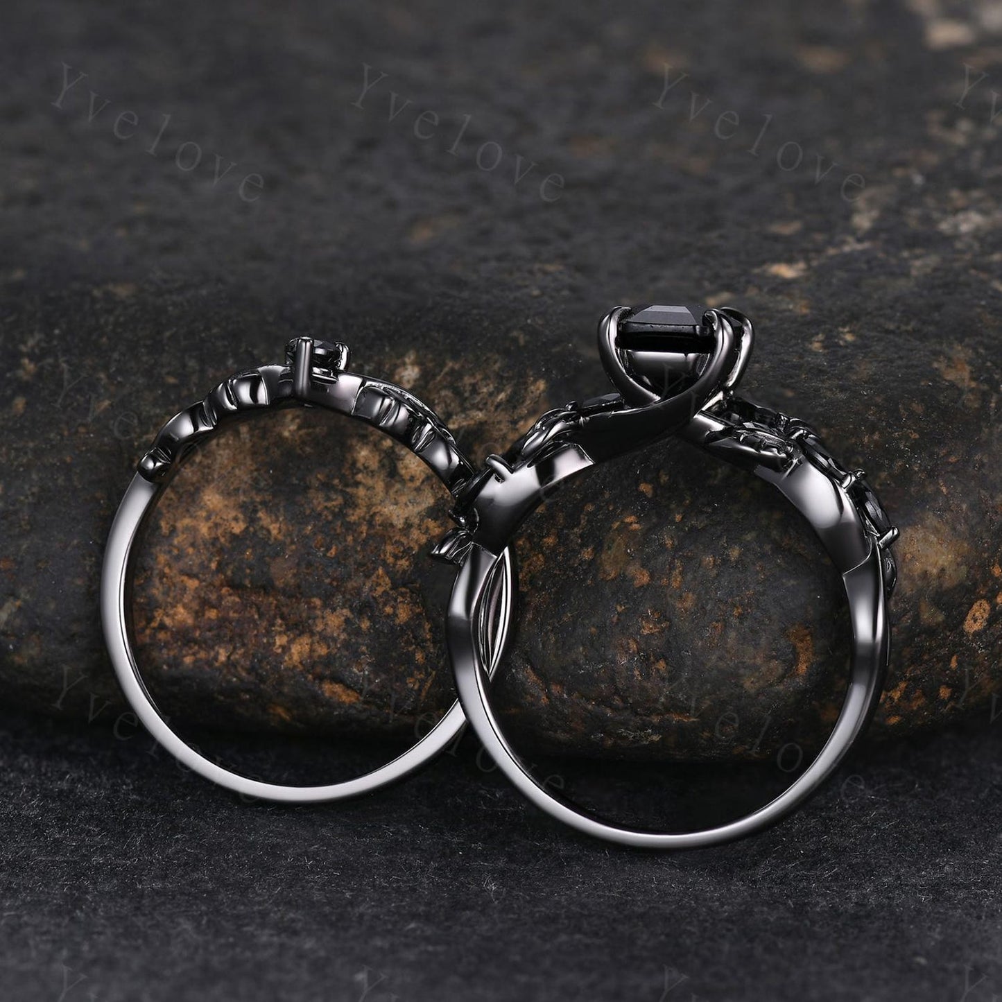 Retro Kite Black Rutilate Quartz Engagement Ring,Vintage Black Silver Ring Set,Unique Black Spinel Diamond Promise Ring Anniversary Gift