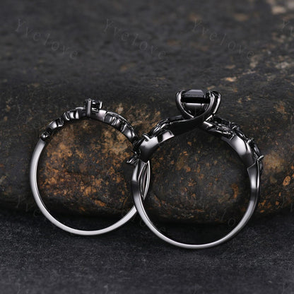 Retro Kite Black Rutilate Quartz Engagement Ring,Vintage Black Silver Ring Set,Unique Black Spinel Diamond Promise Ring Anniversary Gift