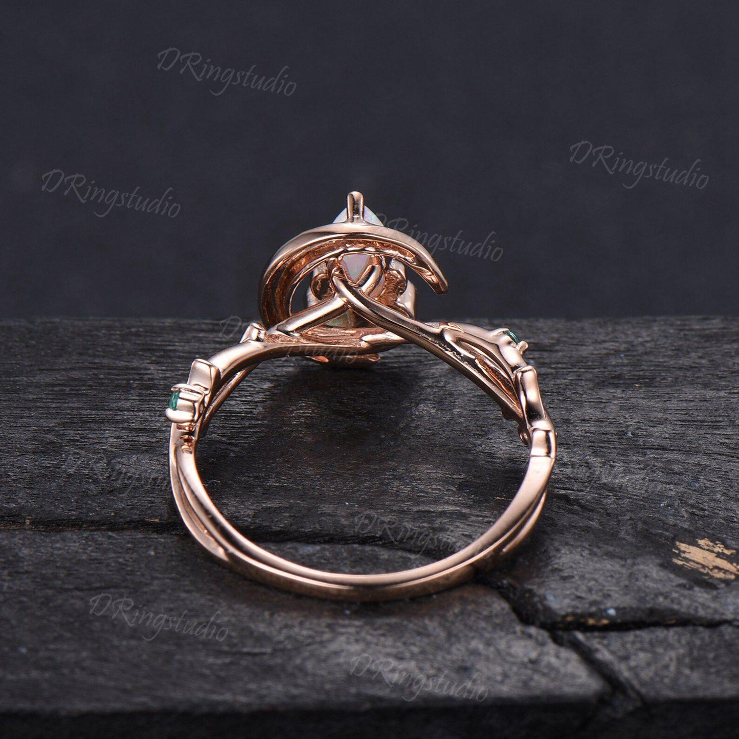 Nature Inspired Pear Cut White Opal Ring Cute Owl Engagement Ring Set Vintage Unique Crescent Moon Wedding Ring Green Emerald Wedding Ring