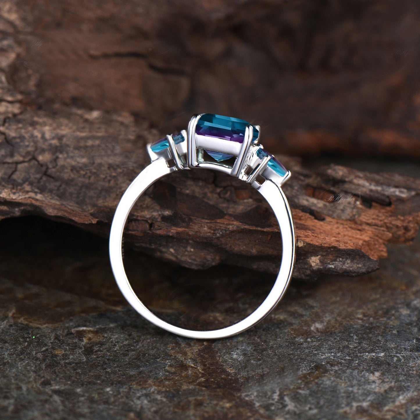 Asscher Cut Alexandrite Engagement Ring June Birthstone Color Change Alexandrite Wedding Ring Art Deco 925 Sterling Silver Three Stone Ring