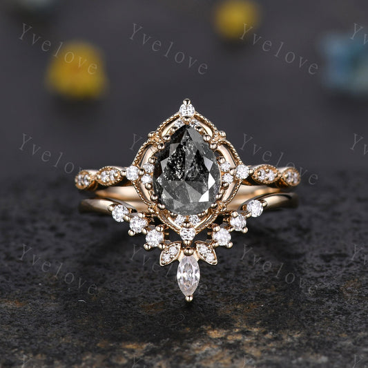 Vintage Salt & Pepper Diamond Pear Engagement Ring Set 14K Gold