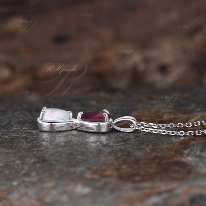 Unique Pear Cut Ruby Opal Necklace Art Deco 14k White Gold Two Stone Pendant Minimalist July Birthstone Necklace Anniversary Gift For Women