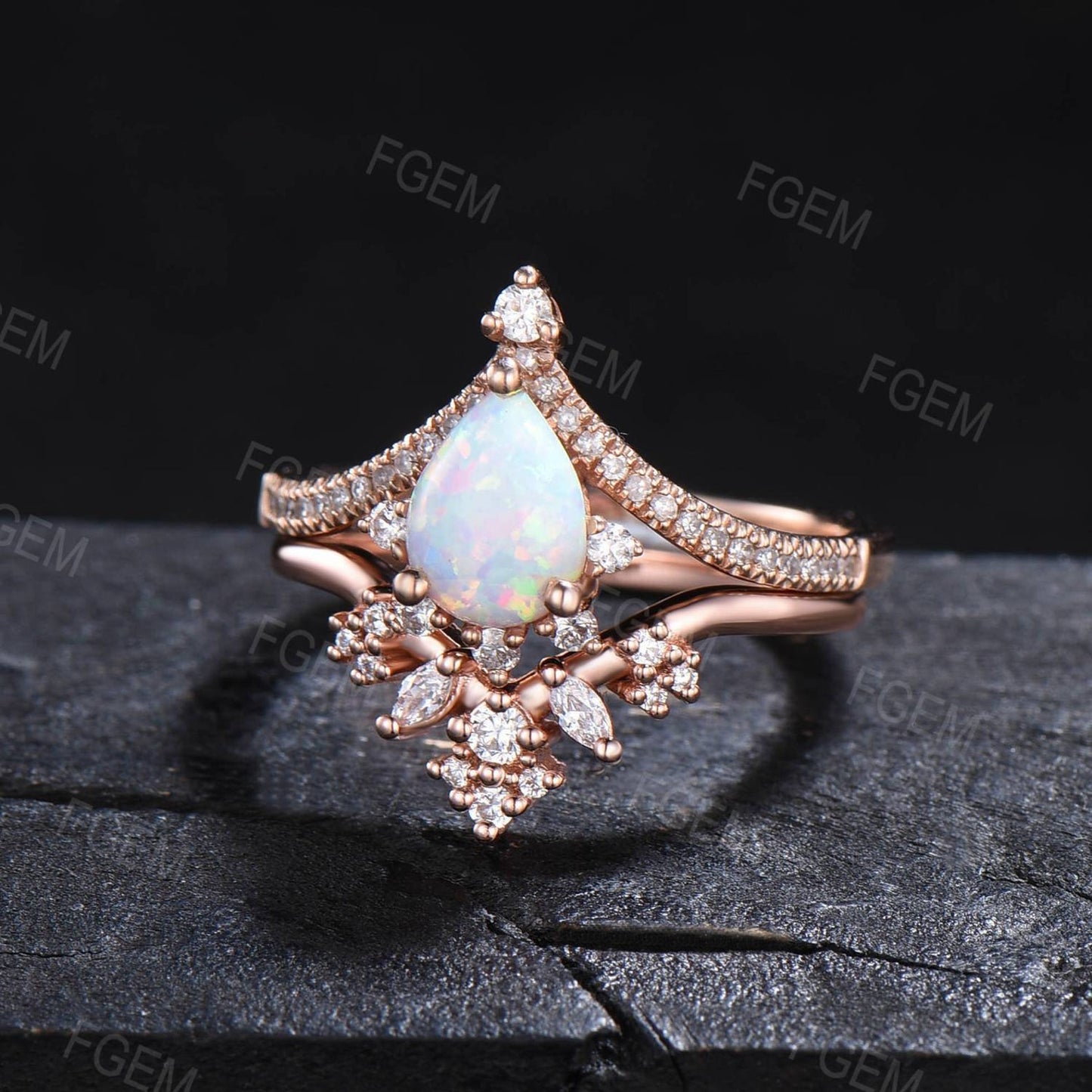 1.25ct Pear Opal Engagement Ring Set Vintage Crown Tiara Wedding Ring Rose Gold Curved Moissanite Contour Nesting Band Fire Opal Bridal Set