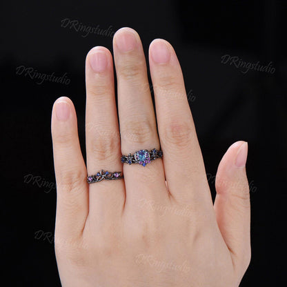 Unique Fireworks Cut Alexandrite Engagement Ring Set Moon Leaf Design Black Gold Amethyst Cluster Wedding Rings Alternative Bridal Gift