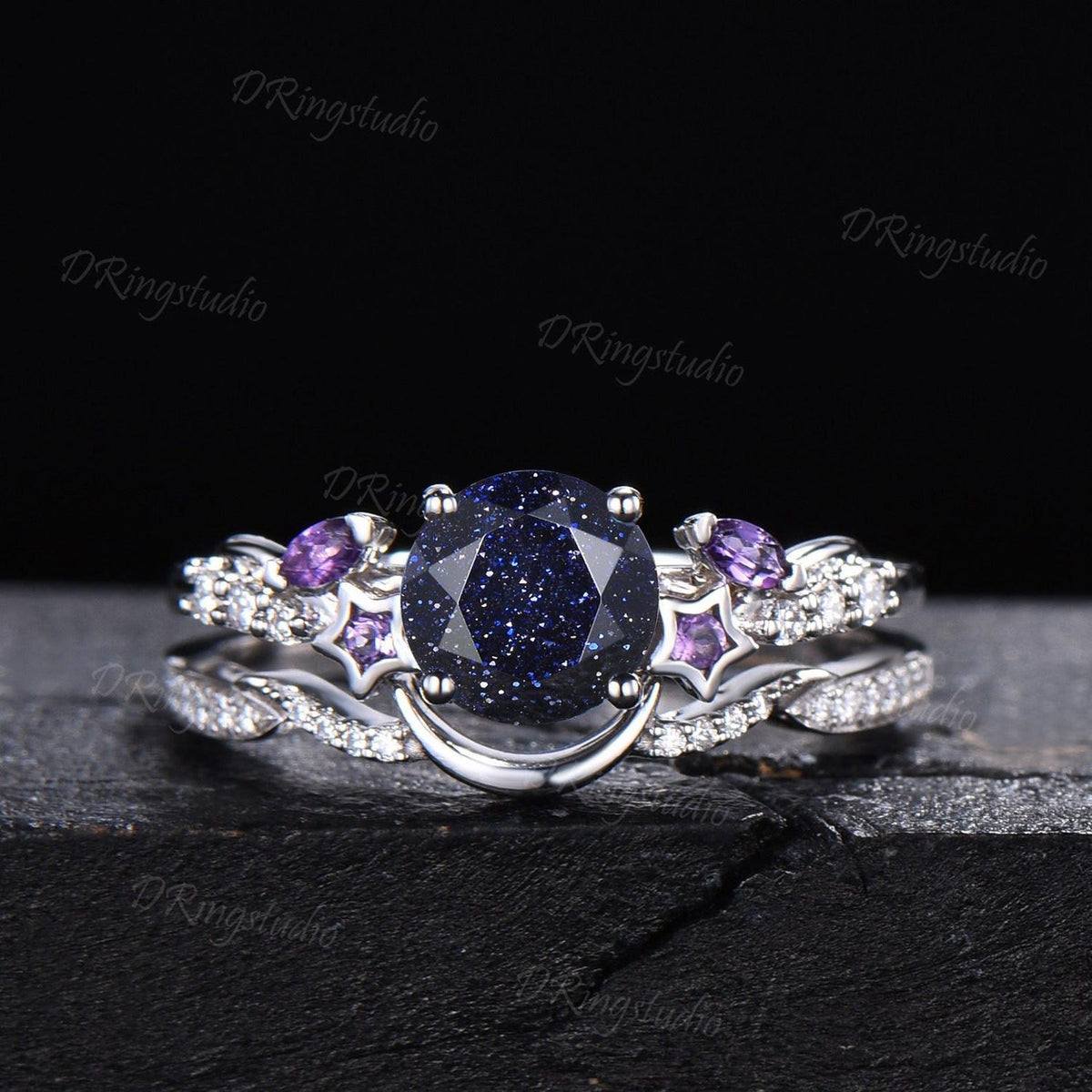 Black Gold Moon Nebula Blue Sandstone Ring Set Celestial Round Blue Goldstone Star Engagement Ring Amethyst Cluster Promise Bridal Ring Set