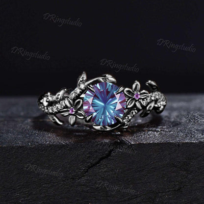 Round Fireworks Cut Color-Change Alexandrite Ring Set Black Gold Leaf Vine Moissanite Amethyst Bridal Set Floral Nature Inspired Ring Gifts