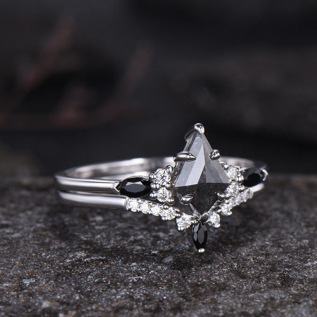 Natural Salt And Pepper Diamond Kite Cut Engagement Ring Set, Black Spinel Wedding Set, 14k White Gold Bridal Set, Gothic Ring For Women