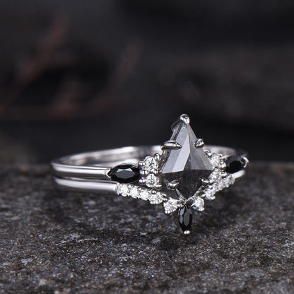 Natural Salt And Pepper Diamond Kite Cut Engagement Ring Set, Black Spinel Wedding Set, 14k White Gold Bridal Set, Gothic Ring For Women