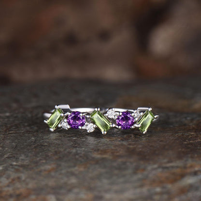 Dainty Baguette Cut Natural Peridot Wedding Band Unique Round Cut Natural Amethyst Wedding Ring Delicate Rose Gold Cluster Ring Women Gift