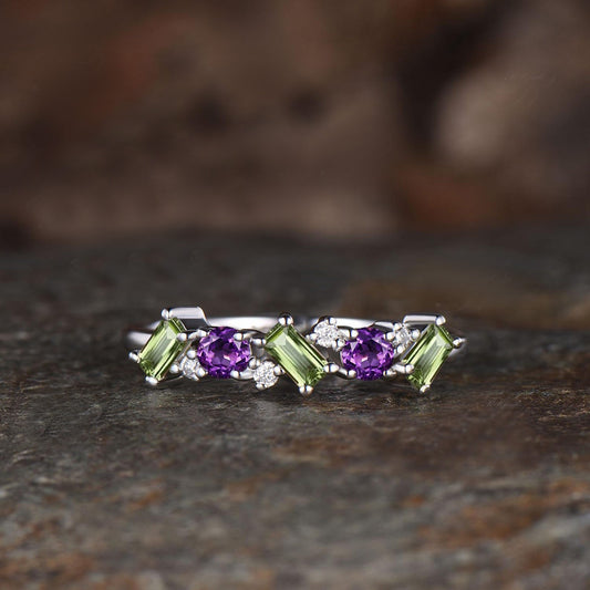 Dainty Baguette Cut Natural Peridot Wedding Band Unique Round Cut Natural Amethyst Wedding Ring Delicate Rose Gold Cluster Ring Women Gift