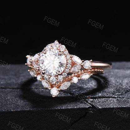 Unique Flower Design Moissanite Diamond Halo Wedding Ring Set 14K Rose Gold Round Moissanite Engagement Ring Vintage Anniversary Gifts