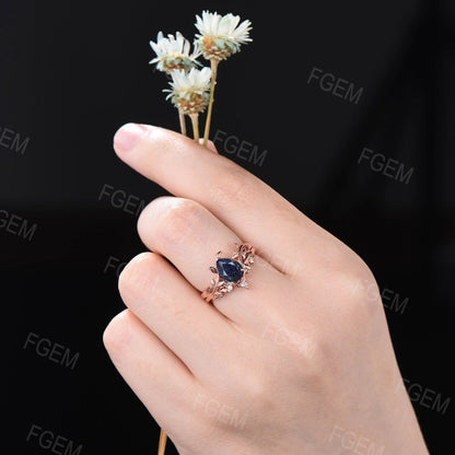 1.25ct Pear Galaxy Blue Sandstone Ring Set Nature Inspired Engagement Ring Leaf Vine Branch Solitaire Ring Women Wedding Anniversary Gifts