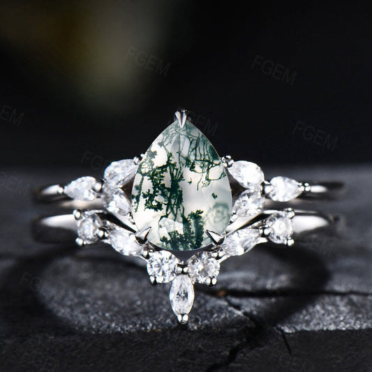 1.25ct Pear Shaped Natural Moss Agate Engagement Rings Sterling Silver Moss Wedding Promise Ring Healing Gemstone Unique Anniversary Gifts